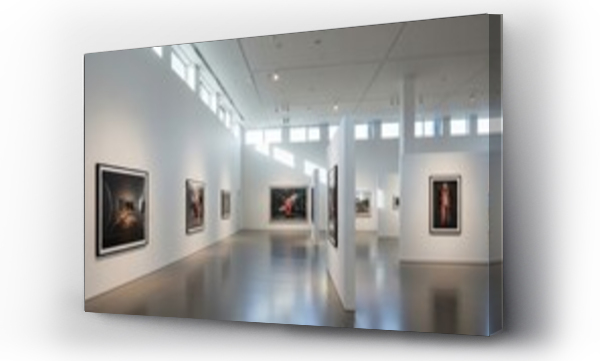 Wizualizacja Obrazu : #1716007711 Gallery displays framed art clean white space light from windows shiny floor modern exhibit