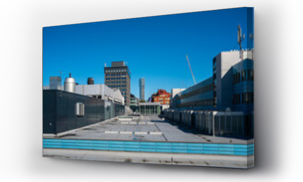 Wizualizacja Obrazu : #1722033382 Wide rooftop perspective in Stockholm with infrastructure lines and towers, Scandinavian cityscape showing modern architecture, clarity, geometry and background copy space for graphic design