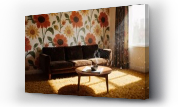 Wizualizacja Obrazu : #1723702805 Cozy retro living room with floral wallpaper, sofa, and sunlight dust particles