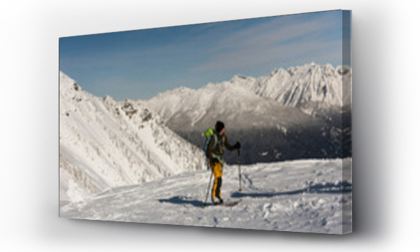 Wizualizacja Obrazu : #1724407402 Mid adult male skier standing on snow-covered ridge in ski gear holding ski poles, copy space