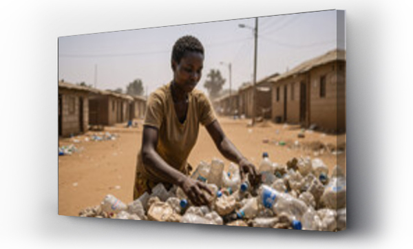 Wizualizacja Obrazu : #1730271594 An African woman sorts through a large pile of plastic bottles in a dusty, impoverished village street, reflecting environmental challenges.