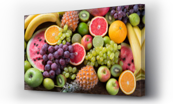 Wizualizacja Obrazu : #174797288 Organic fruits background. Healthy eating concept. Flat lay.