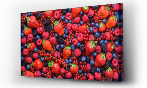 Wizualizacja Obrazu : #175272040 Berries overhead closeup colorful large assorted mix of strawbwerry, blueberry, raspberry, blackberry, red curant in studio on dark background