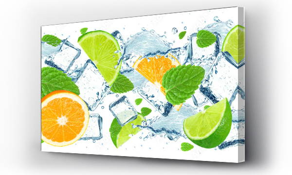 Wizualizacja Obrazu : #177718461 limonka i pomarańcza woda z lodem wyizolowana