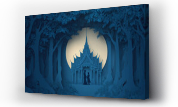 Wizualizacja Obrazu : #1777813782 Magical nighttime scene in a mystical forest with a detailed ornate temple illuminated by a full moon, silhouetted couple in love, enchanting mysterious atmosphere