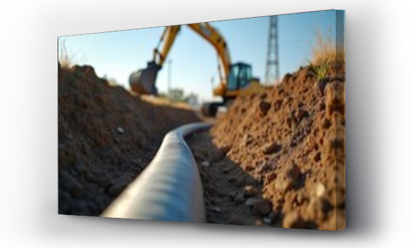 Wizualizacja Obrazu : #1783448421 Underground cable installation involves excavating trench for infrastructure. Construction site shows yellow excavator, large cable. Project aims to connect power grid with renewable energy sources.