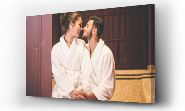 Wizualizacja Obrazu : #178555506 Loving couple story having a passion moment in their vacation honeymoon - Embrace romantic lovers kissing - Romance, intimate, relationship concept - Soft focus on male face