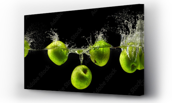 Zielone jabłko wpadające do wody na czarnym tle