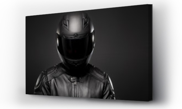 Wizualizacja Obrazu : #179173928 Man wearing a black leather motorcycle jacket and helmet on dark background.