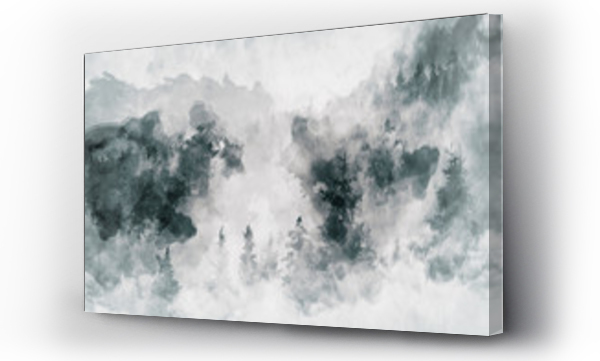 Abstrakcyjna praca artystyczna przedstawiająca ciemny las z brzozami. Mixed media