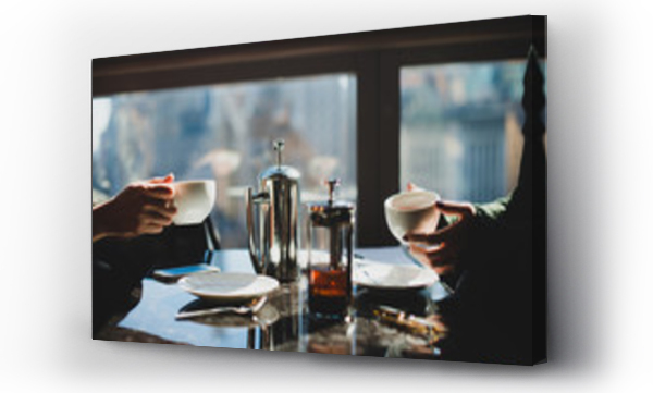 Wizualizacja Obrazu : #187034449 Closeup of hands holding coffee mug and tea on table