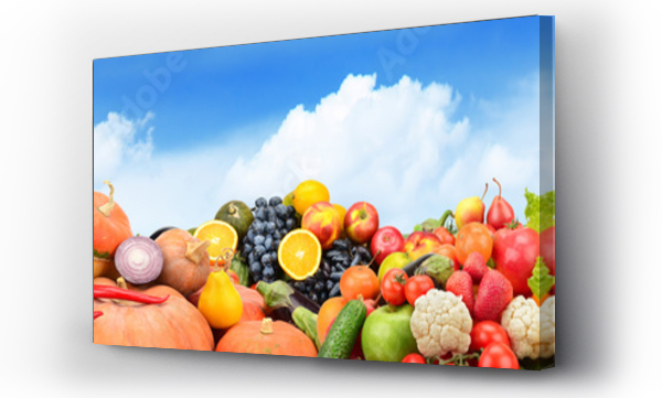 Panorama owoców i warzyw na tle zielonego pola i jasnego nieba.
