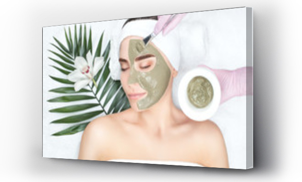 Procedura nakładania maseczki z glinki na twarz pięknej kobiety. Zabiegi SPA i pielęgnacja twarzy w gabinecie kosmetycznym.