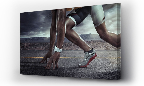 Wizualizacja Obrazu : #193832489 Tło sportowe. Stopy biegacza biegnącego na drodze zbliżenie na buta. Linia startu