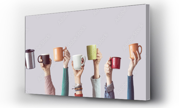 Wizualizacja Obrazu : #195131311 Many different arms raised up holding coffee cup