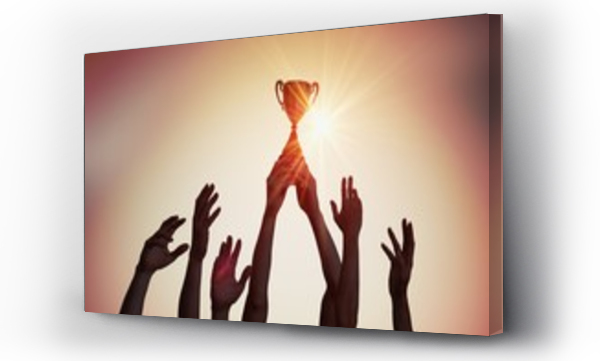 Wizualizacja Obrazu : #205861880 Winning team is holding trophy in hands. Silhouettes of many hands in sunset.