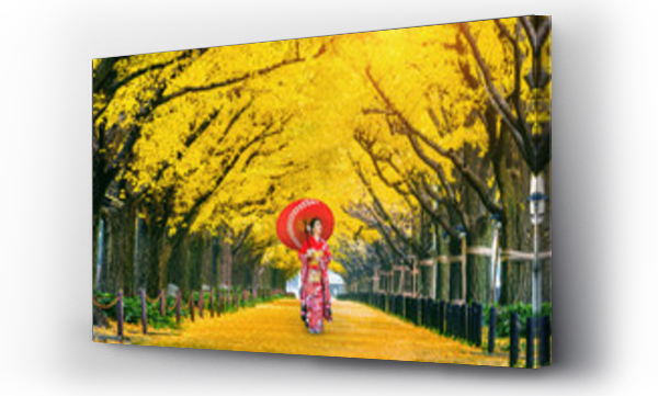 Wizualizacja Obrazu : #206324220 Beautiful girl wearing japanese traditional kimono at row of yellow ginkgo tree in autumn. Autumn park in Tokyo, Japan.