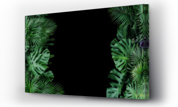 Wizualizacja Obrazu : #208058317 Monstera, fern, and palm leaves tropical foliage plant bush nature frame on black background.