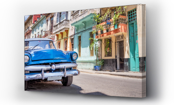 Wizualizacja Obrazu : #209656622 Vintage classic american blue car in a colorful street of Havana, Cuba web banner. Panoramic cuban travel and tourism photo