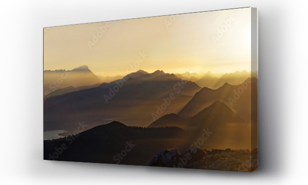 Wizualizacja Obrazu : #214061403 Sunset with view on the Jachenau with Walchensee and Zugspitze with Wetterstein range, Benediktenwand, Lenggries, Upper Bavaria, Bavaria, Germany, Europe