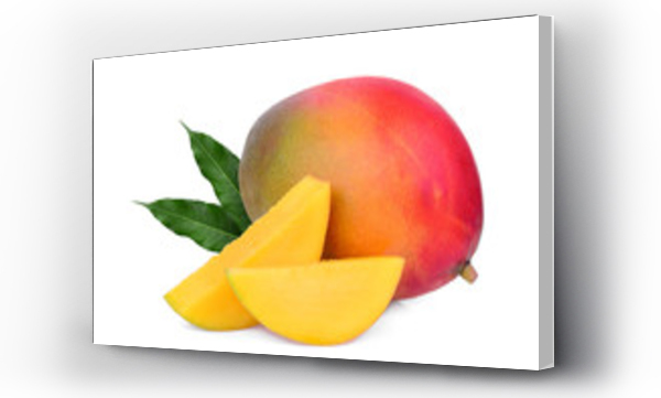 Wizualizacja Obrazu : #214304332 whole and slice ripe mango fruit with green leaves isolated on white background