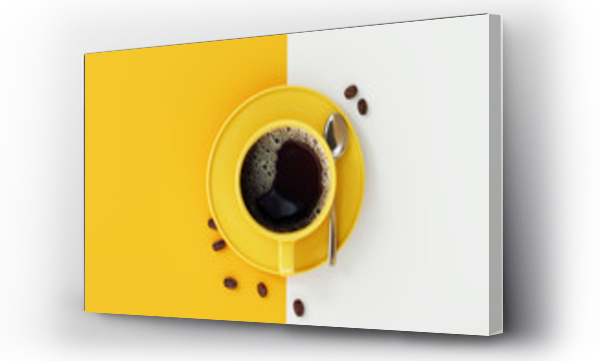 Widok z góry na filiżankę kawy na żółtym i białym tle.