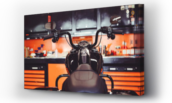 Wizualizacja Obrazu : #222512932 motorcycles on the floor with workshop tools, a modern garage, storage and repair. This bike will be perfect. repairing a motorcycle in a repair shop