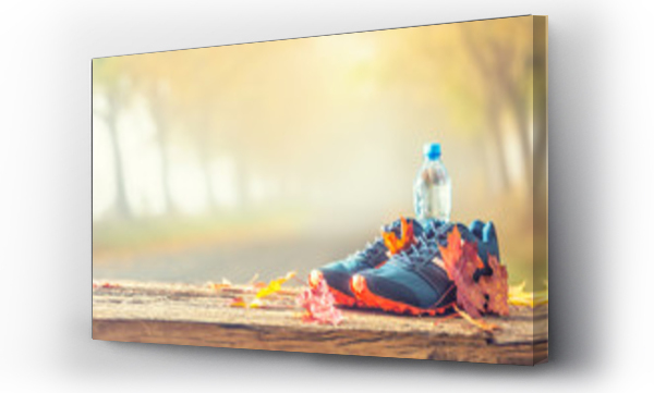 Niebieskie buty sportowe i woda położona na drewnianej desce.