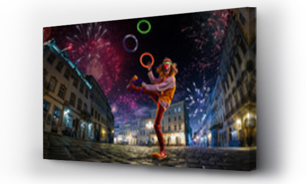 Wizualizacja Obrazu : #227277424 Night street circus performance whit clown, juggler. Festival city background. fireworks and Celebration atmosphere.