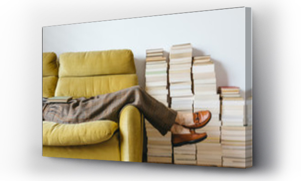 Wizualizacja Obrazu : #227600241 Female resting on retro yellow sofa with stacks of books in background