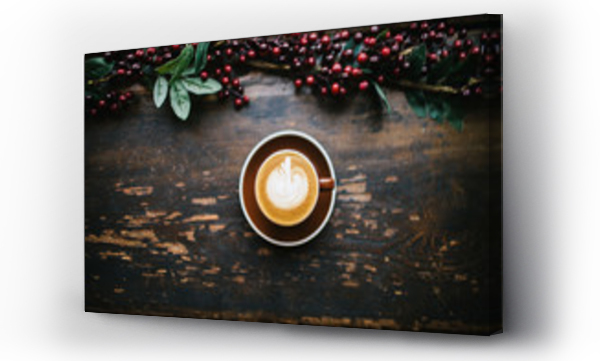 Wizualizacja Obrazu : #229301550 Świąteczna kawa na rustykalnej drewnianej ławie.