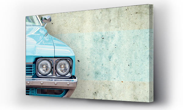 Wizualizacja Obrazu : #229590536 The headlight of the old beautiful car on the background of a concrete wall. Copy space. Concept banners repair, sale of cars.