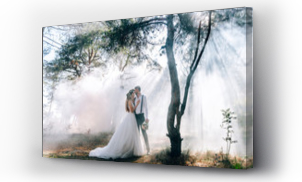 Wizualizacja Obrazu : #231896656 panny młodej i pana młodego na tle mgły bajki w lesie. Rustykalna koncepcja ślubu