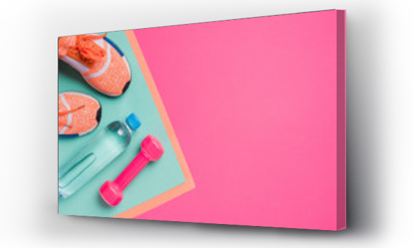 Wizualizacja Obrazu : #232309755 Flat lay z wyposażeniem sportowym na różowym tle