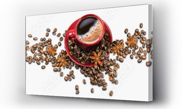 Wizualizacja Obrazu : #240619367 Czerwona filiżanka kawy i ziarna kawy i anyż odizolowane na białym tle