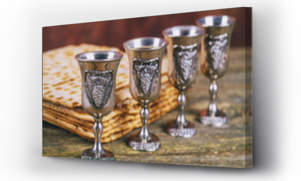 Wizualizacja Obrazu : #241494880 Red kosher wine four of matzah or matza Passover Haggadah on a vintage wood background