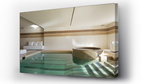 Wizualizacja Obrazu : #245332622 Indoor pool of private villa with lake view and bar area