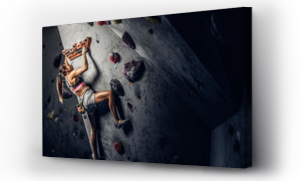 Wizualizacja Obrazu : #246227888 A young woman wearing sportswear practicing rock-climbing on a wall indoors