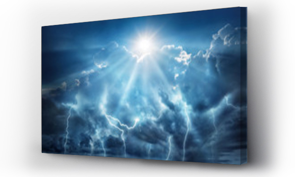 Wizualizacja Obrazu : #247377506 Religijne i naukowe apokaliptyczne tło. Ciemne niebo z błyskawicami i ciemne chmury z słońcem, które reprezentuje zbawienie i nadzieję.
