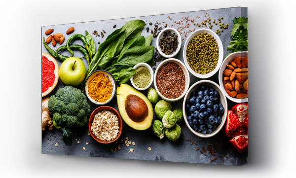 Wizualizacja Obrazu : #248929619 Zdrowa żywność czysty wybór jedzenia: owoce, warzywa, nasiona, superfood, zboża, warzywa liści na szarym tle betonu