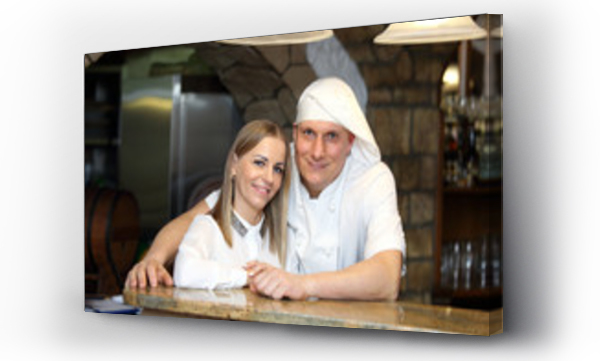 Wizualizacja Obrazu : #250419856 Kucharz i kelnerka przy bufecie w retauracji, razem, para.
