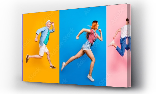 Pełna długość ciała rozmiar widok zdjęcie portret kolaż biegnących sportowców w paski T-shirt kombinezon patrząc z przodu dążenie postęp aktywne życie odizolowane na jasnym kolorowym innym tle