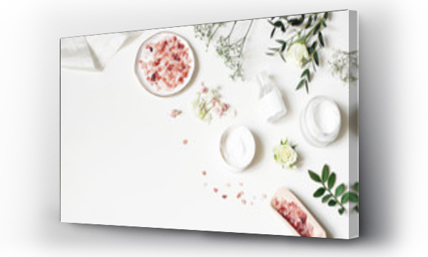 Wizualizacja Obrazu : #251444710 Styled beauty corner, web banner. Skin cream, tonicum bottle, dry flowers, leaves, rose and Himalayan salt. White table background. Organic cosmetics, spa concept. Empty space, flat lay, top view.