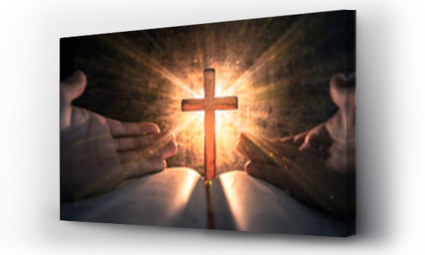 Wizualizacja Obrazu : #252194475 Pray hands with light the cross on bible in worship room. christian praying concept.