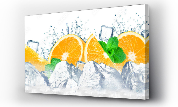 Wizualizacja Obrazu : #252290504 pomarańczowy rozprysk wody i kostki lodu izolowane na białym tle