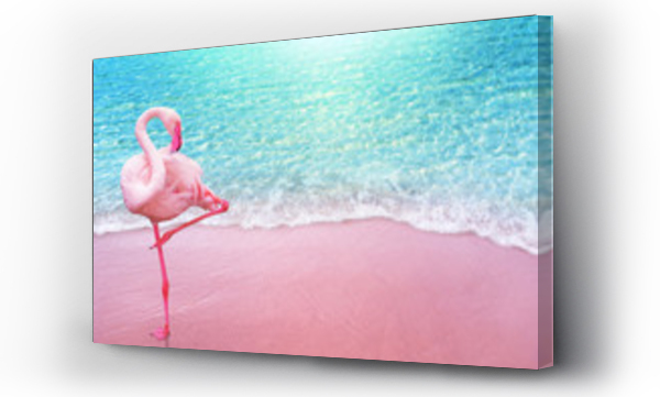 Wizualizacja Obrazu : #252664505 różowy flaming ptak piaszczysta plaża i miękki niebieski ocean fala lato koncepcja tło