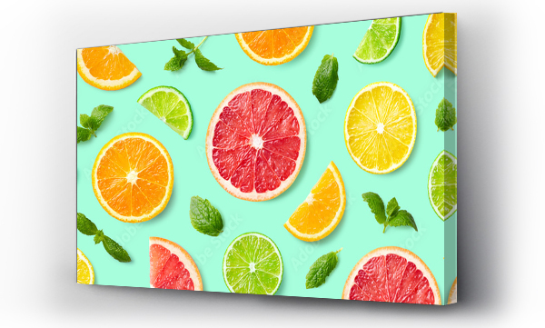 Wizualizacja Obrazu : #253054912 Kolorowy wzór z plastrów owoców cytrusowych i liści mięty
