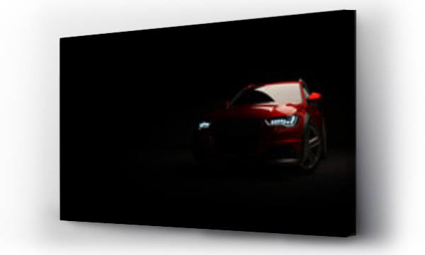 Wizualizacja Obrazu : #254704204 Stylish car on a black background with led lights on. Futuristic modern vehicle head light xenon on dark. 3d render