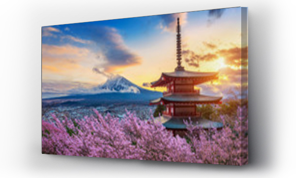 Wizualizacja Obrazu : #254941856 Piękny punkt orientacyjny góry Fuji i Chureito Pagoda z kwiatami wiśni na zachód słońca, Japonia. Wiosna w Japonii.