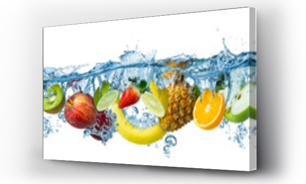 świeże owoce multi rozpryskiwanie w niebieskiej czystej wody rozpryskiwanie zdrowej żywności dieta świeżość koncepcji izolowane białe tło